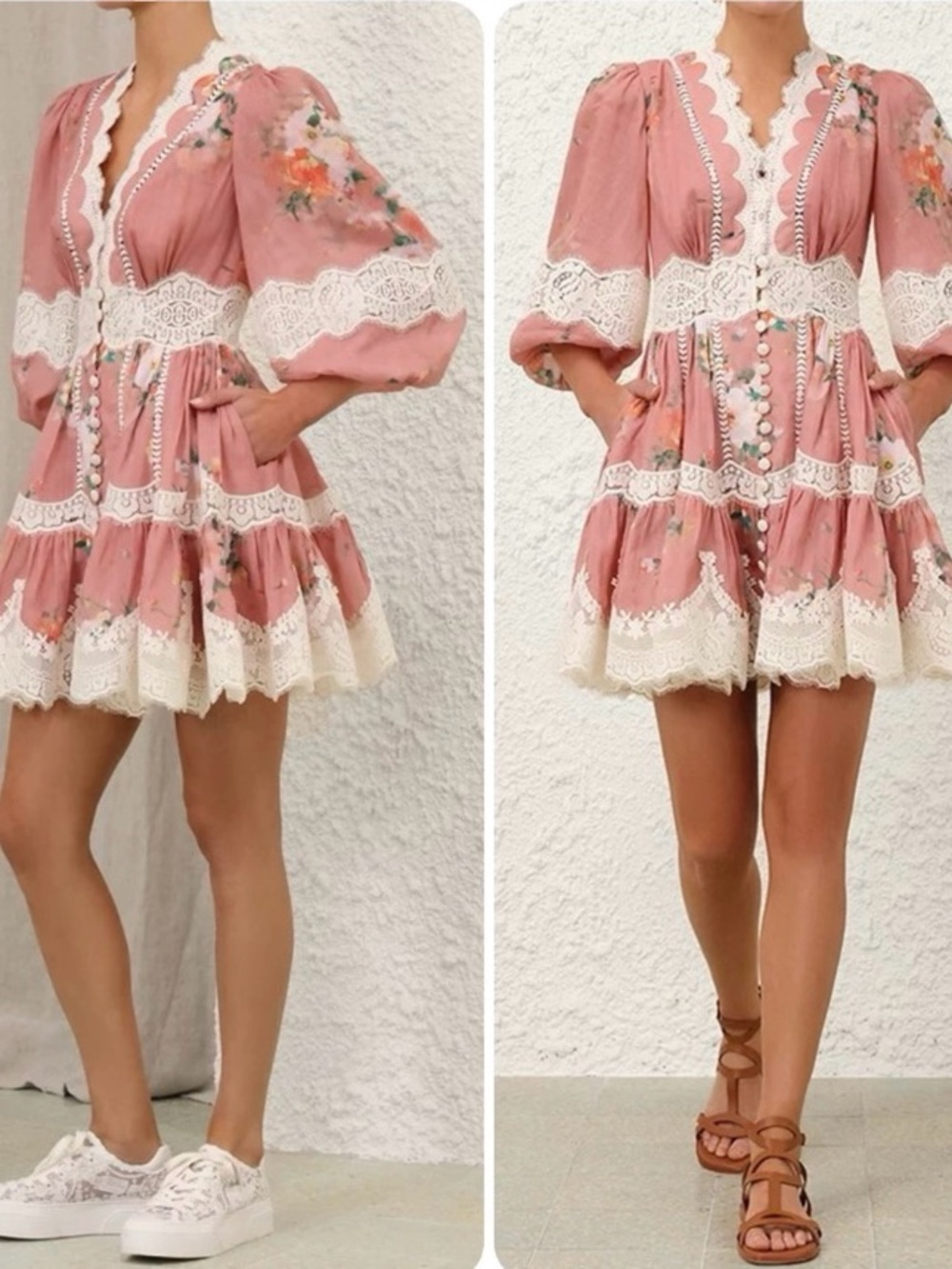 Zimmermann Women's Pink Floral Lace-Trim Mini Dress size 1